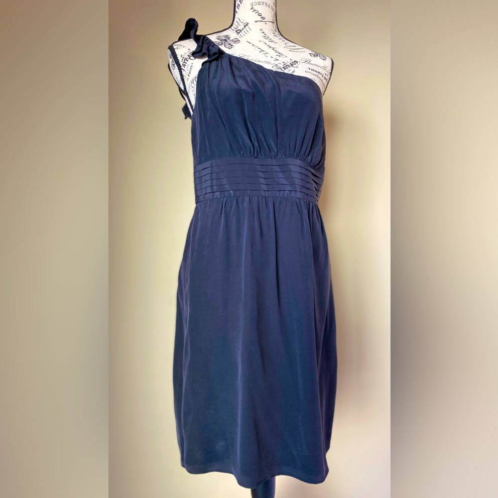 NWT ANDREW MARC Black One Shoulder Mini Dress with Royal Blue Lining Org $250